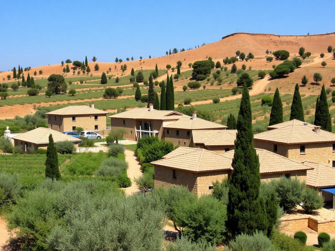 Maisons en pierre de Binyamina au milieu des vignes