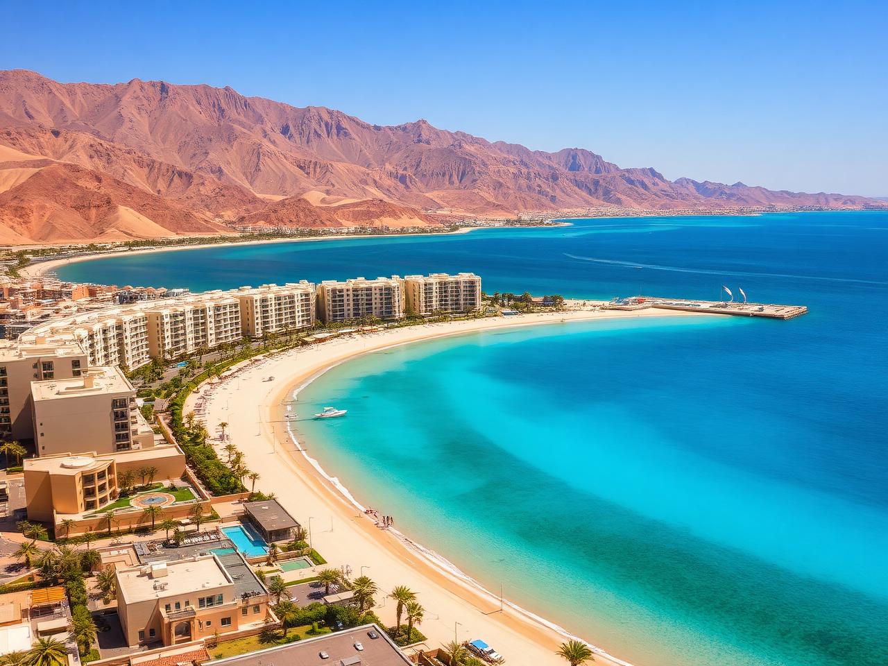 Baie d'Eilat sur la mer Rouge avec résidences et montagnes désertiques