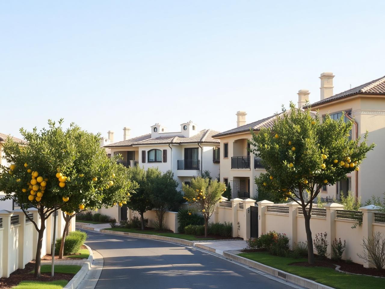 Villas et agrumes le long d'une rue d'Even Yehuda