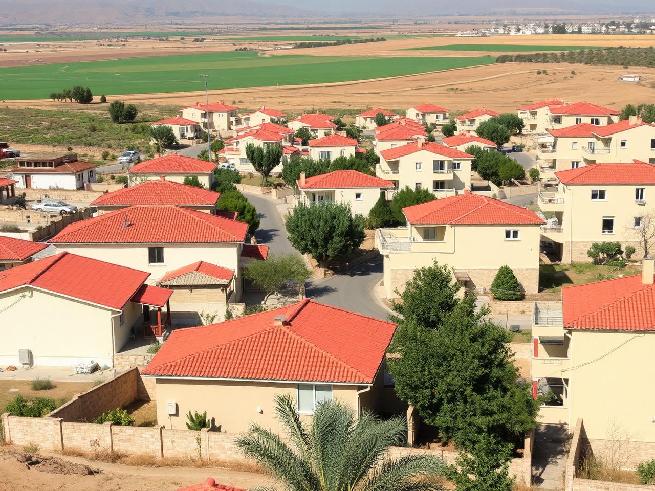 Maisons à toits de tuiles de Gedera en bordure des champs