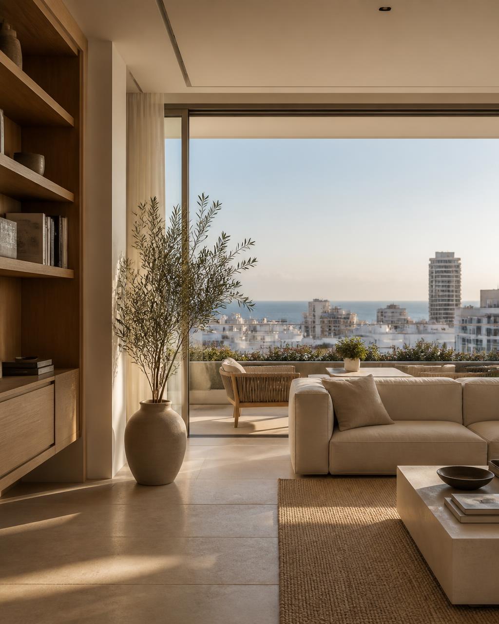 Intérieur contemporain d'un appartement en Israël, baie vitrée ouverte sur les toits et la mer