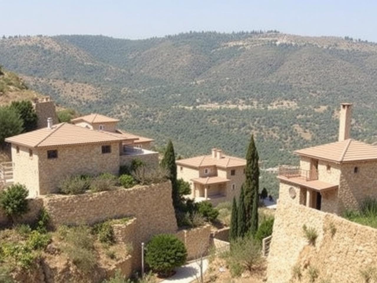 Maisons en pierre de Mevasseret Sion face aux collines boisées